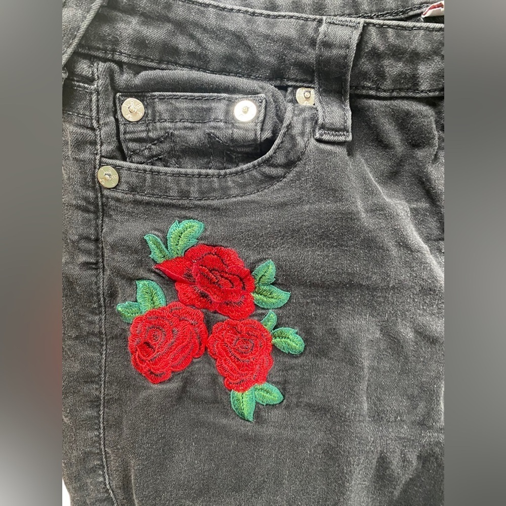 TRUE RELIGION Women's Black Super Skinny Jeans Rose Embroidery Size 31 - Picture 7 of 8